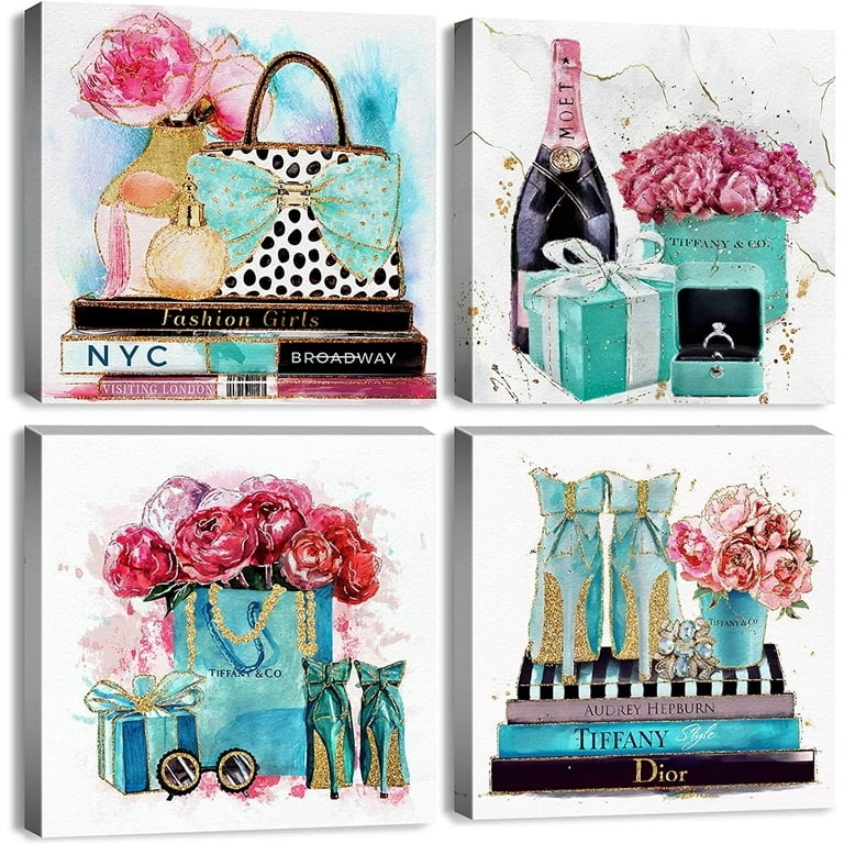 Square Wall Art Set Of 4 Teal And Pink Palette Glitter