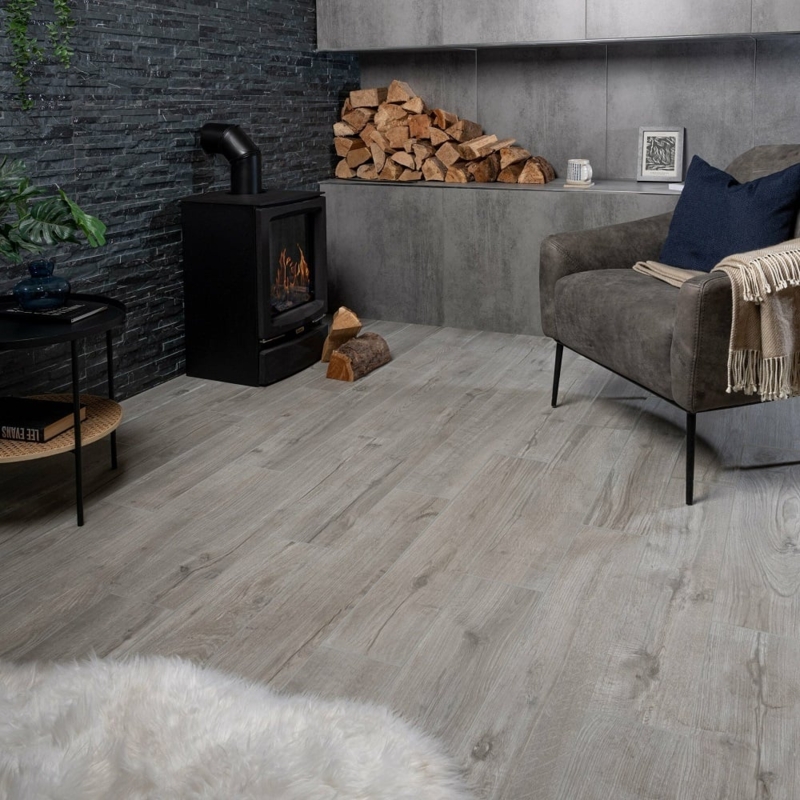 Stacked Stone Feature Wall Ideas with Wood Effect Tile Flooring