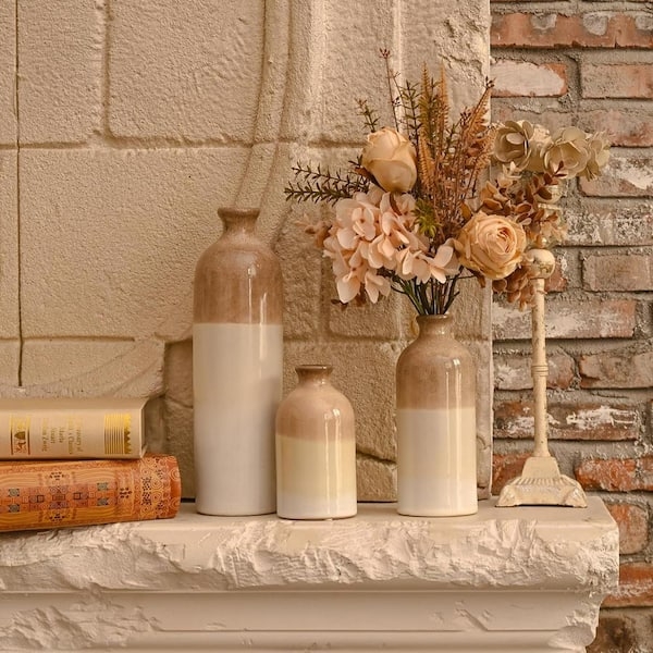 Staggered Ceramic Vase Set with Matte Two-Tone Weathered Finish
