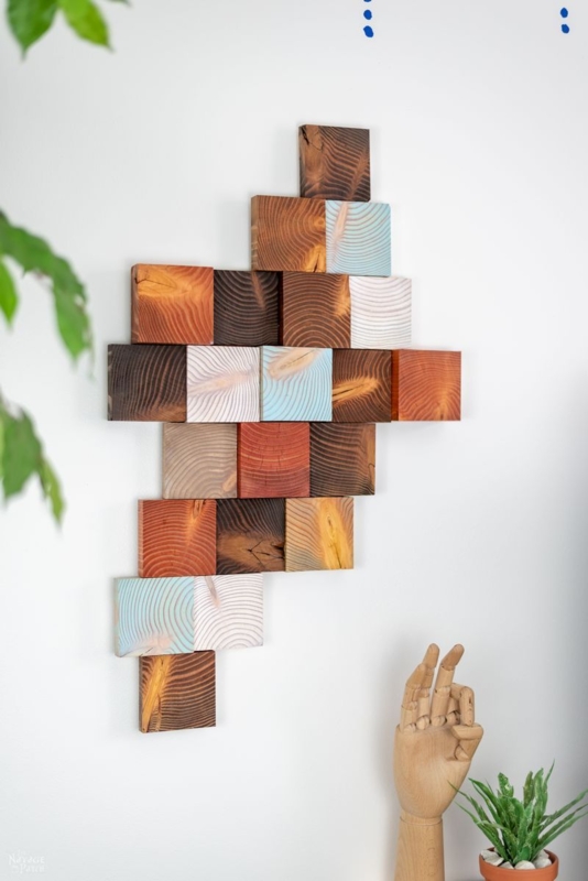 Staggered Wood Block Wall Art Multi-Color Scrap Mosaic