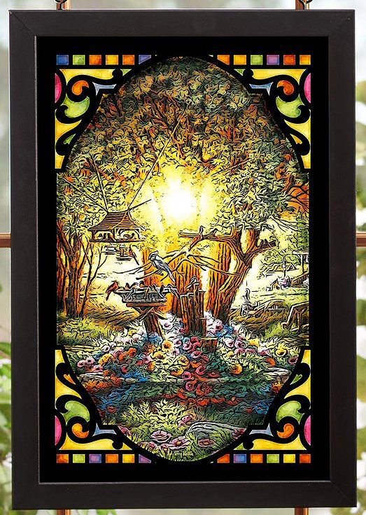 Stained Glass Panel, Backlit Nature Scene with Birds