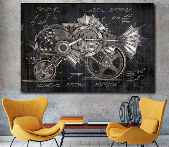 Steampunk Wall Art: Mechanical Piranha Motif, Physics Formula Details