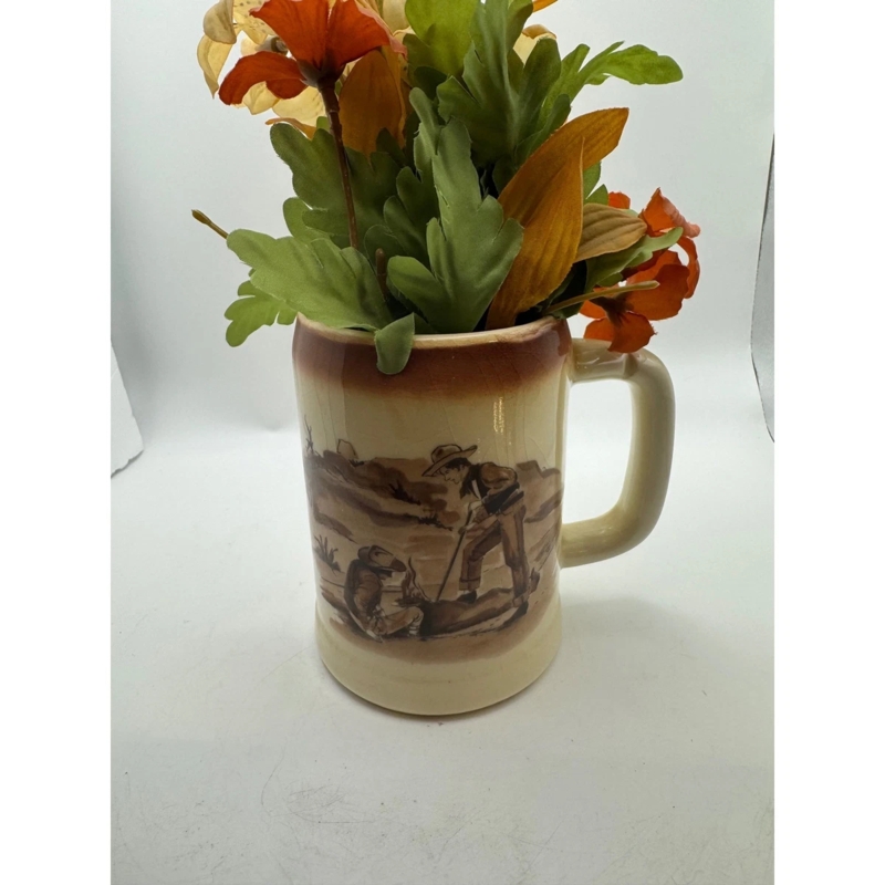 Stein Ceramic Western Illustration Cowboy Themed Table Accent Vase