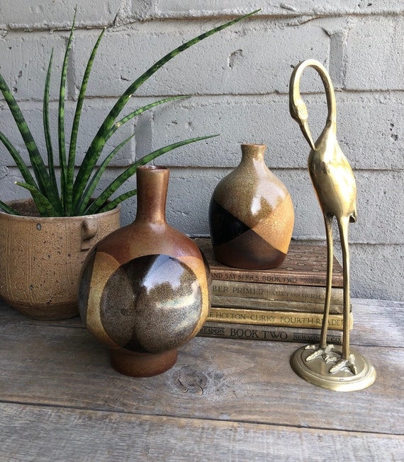 Stoneware Vase, Abstract Glaze, Bud Vases, Brass Crane Figurine.