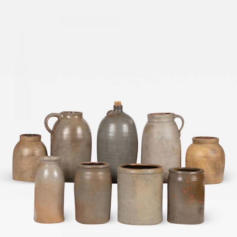Stoneware Vessel Set: Nine-Piece Rustic Collection with Weathered Patina