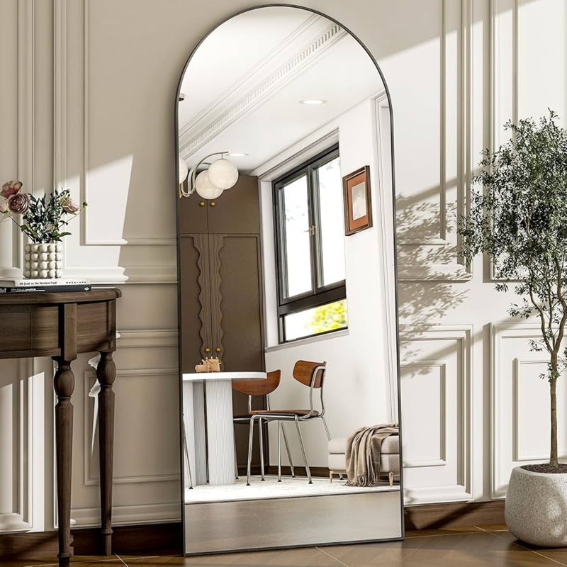 Stylish Black Frame Floor Mirror Arched Top Slim Profile Entryway Decor