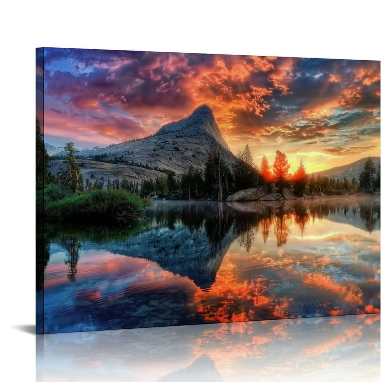 Sunset Lake Canvas Print, Panoramic Mountain Wall Art, Mirrored Reflection