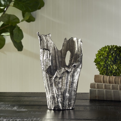 Table Vase Antique Silver Metal Bark Like Texture Organic Cutout