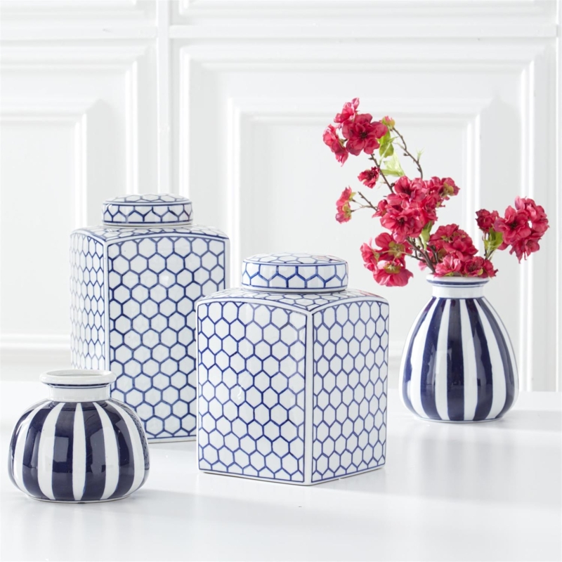 Table Vase: Bold Vertical Stripes, Honeycomb Grid Pattern, Ceramic Set