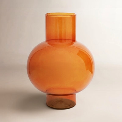 Table Vase Bulbous Pedestal Base, Translucent Amber Glass Mid-Century.