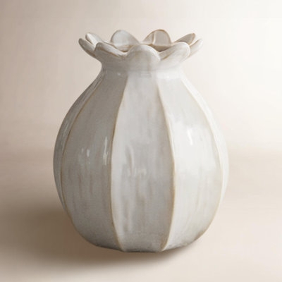 Table Vase Ceramic Bulbous Shape Ribbed Body Scalloped Rim Table Vase