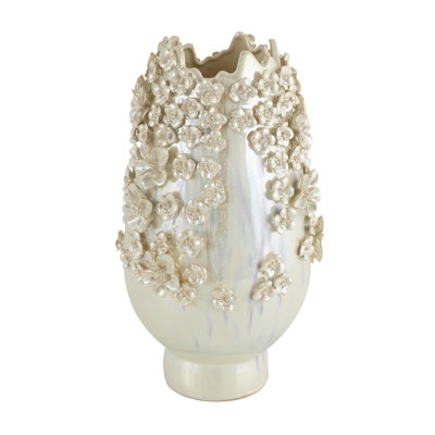 Table Vase Ceramic French Country Iridescent 3D Floral Appliques