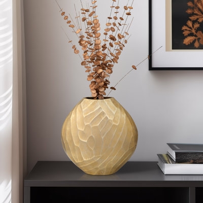 Table Vase, Chiseled Golden Metal, Bulbous Silhouette, Modern Glam Decor