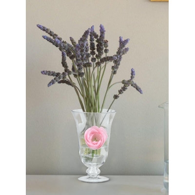 Table Vase, Clear Glass Pedestal with Fluted Trumpet Rim and Floating Flower