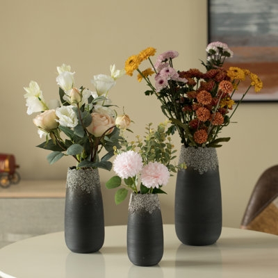 Table Vase Crystalline Rim Graduated Set Matte Black Ceramic Trio