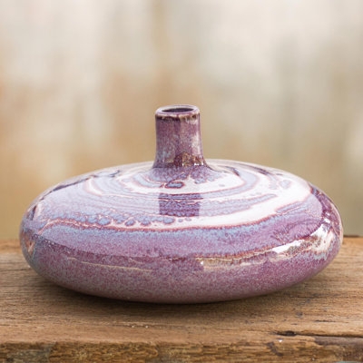 Table Vase Flattened Round Body Speckled Purple Glaze Ceramic Accent Piece