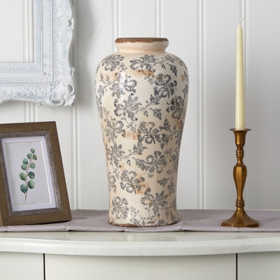 Table Vase French Country Vintage Blue Floral Toile Distressed Cream
