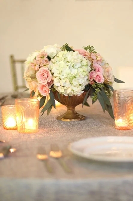 Table Vase, Gold Compote Bowl with Mixed Floral Centerpiece and Votives