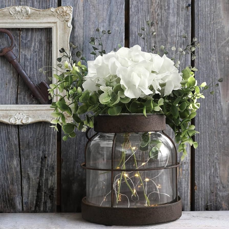Table Vase Illuminated Glass Lantern Farmhouse Floral Arrangement Lights