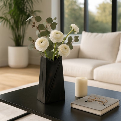 Table Vase Matte Black Metal Angular Sculptural Centerpiece
