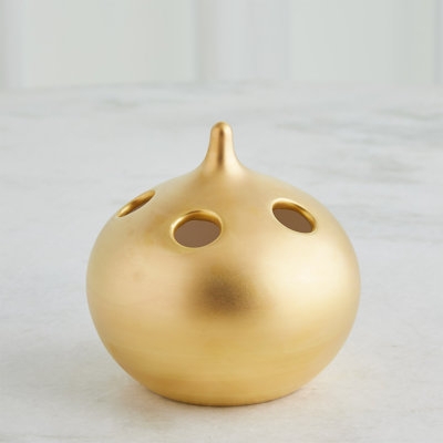 Table Vase, Matte Gold Finish, Multi-Hole Design, Unique Flower Frog.