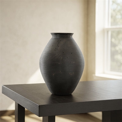 Table Vase: Modern Charcoal Matte Horizontal Ribbing Bulbous (63 chars)
