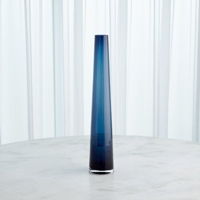 Table Vase, Navy Blue Glass, Tapered Silhouette, Minimalist Style.