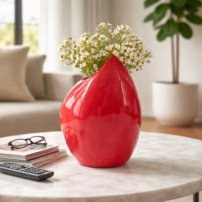 Table Vase Organic Asymmetrical Shape Teardrop Glossy Ceramic Accent