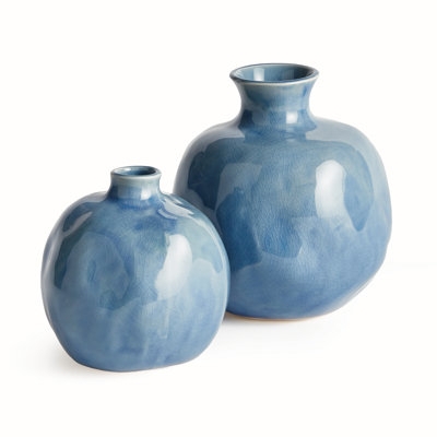 Table Vase Pair Bulbous Silhouette Variegated Blue Artisan Style