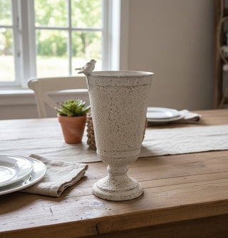 Table Vase Pedestal Urn with Bird Figurine Distressed Pitted Texture