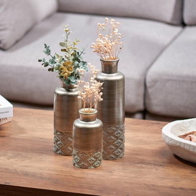 Table Vase Set Aged Metallic Diamond Embossed Base Transitional
