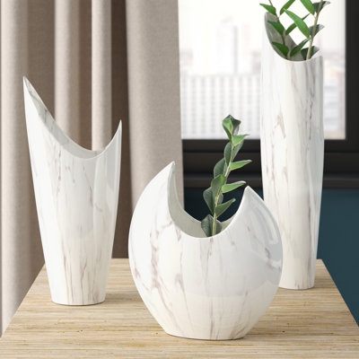 Table Vase Set Asymmetrical Rim White Ceramic Marbled Pattern Sculptural