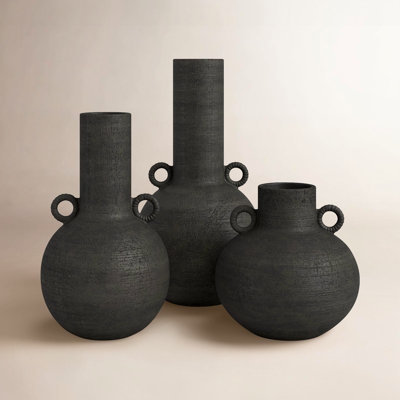 Table Vase Set Black Pitted Texture Ring Handles Wabi-Sabi Decor