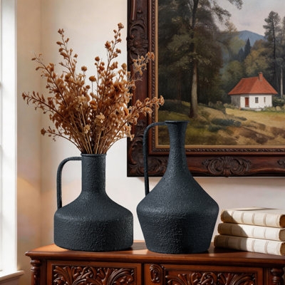 Table Vase Set Charcoal Gray Pitted Texture Slender Handles Rustic