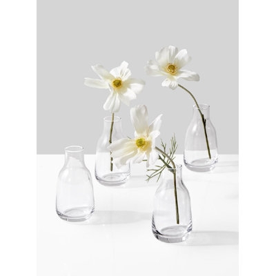 Table Vase Set: Four Glass Bud Vases with Tapered Necks & Bulbous Bases
