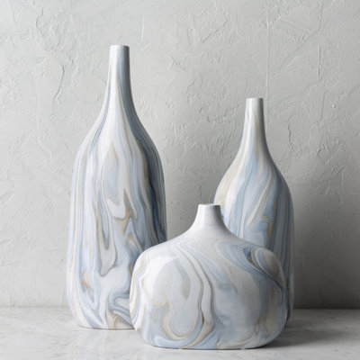 Table Vase Set Marbleized Finish Modern Sculptural Vase Trio
