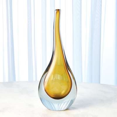 Table Vase, Stretched Neck, Amber Core, Teardrop Silhouette Glass.