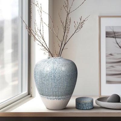 Table Vase Textured Ceramic Grid Pattern Ombre Scandinavian Modern Decor