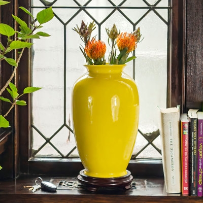 Table Vase Traditional Urn Vase with Stand, Glossy Ceramic, Flared Rim
