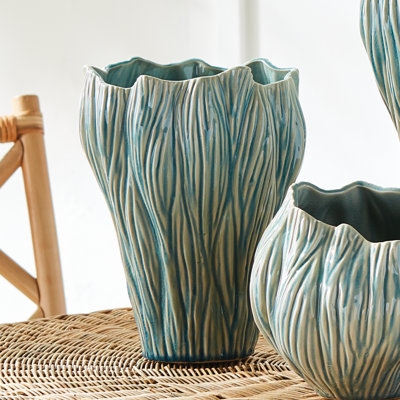 Table Vase: Vertical Ribbed Texture, Scalloped Rim, Watery Blue Glaze