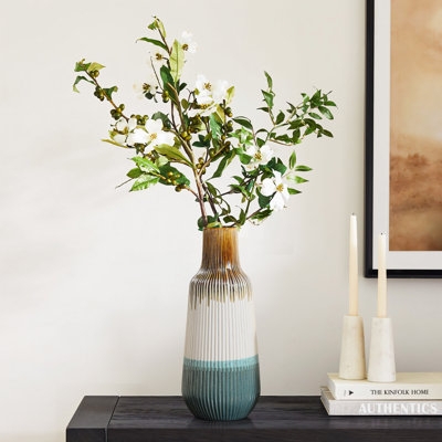 Table Vase Vertical Ribbed Texture Tri Color Ombre Stoneware Tall