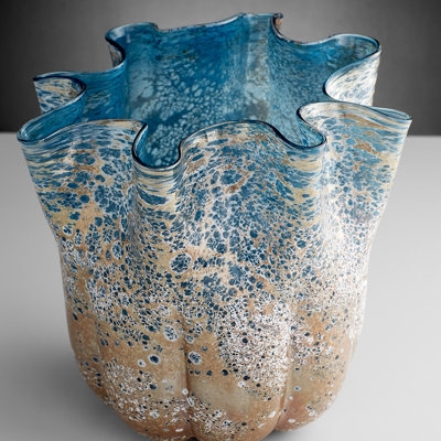 Table Vase Wavy Rim, Mottled Blue Gradient Organic Silhouette Decor