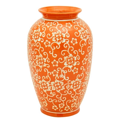 Table Vase White Floral Scrollwork, Tapered Ceramic Chinoiserie.