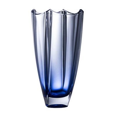 Table Vase with Blue Ombre Gradient, Sculpted Wavy Rim, Crystal Glass.