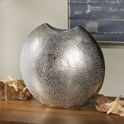 Table Vase with Hammered Texture, Flat Circular Moon Shape in Silver