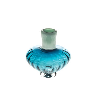 Table Vase with Two Tone Glass, Ribbed Bulbous Body, Coastal Artisanal.