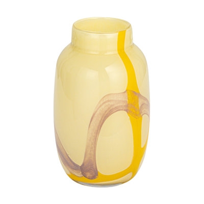 Table Vase Yellow Glass Abstract Vase, Mauve Swirl, Fluid Pattern, Glossy