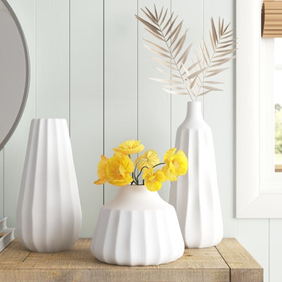 Table Vases Matte White Ribbed Texture Ceramic Coastal Farmhouse Trio Set