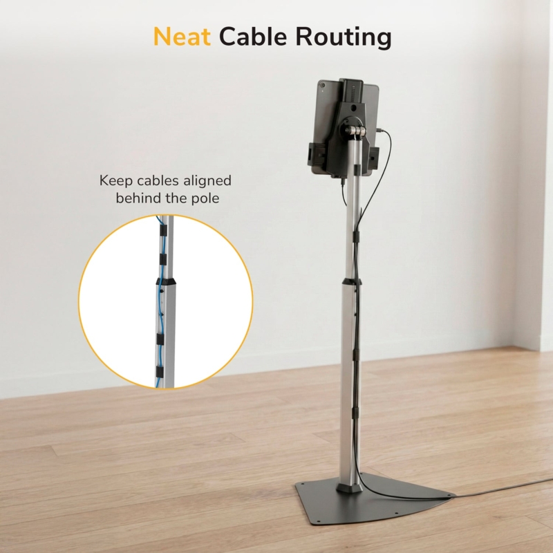 Tablet Stand Triangular Base Cable Routing Telescoping Pole Silver
