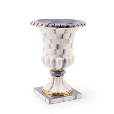 Tabletop Urn, Purple Checkered Pattern, Gold Trim Whimsical Centerpiece